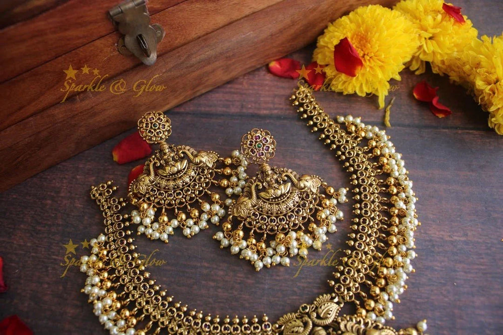 Gold alike Antique polished intricate Lakshmi necklace with gutta pusalu - Sparkle and Glow