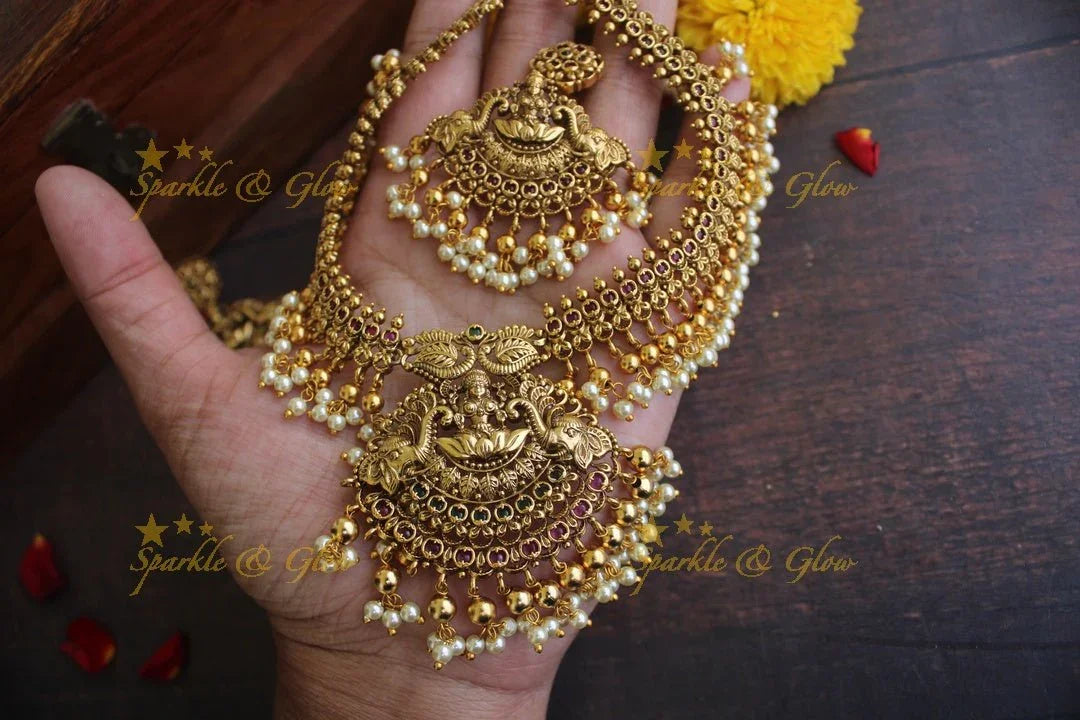 Gold alike Antique polished intricate Lakshmi necklace with gutta pusalu - Sparkle and Glow