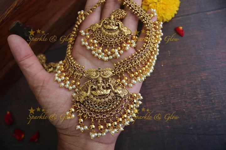 Gold alike Antique polished intricate Lakshmi necklace with gutta pusalu - Sparkle and Glow
