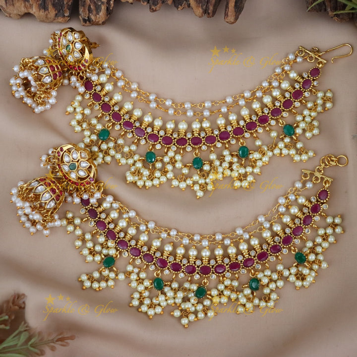 Exquisite Pearl & Kemp Earrings with Chain Set