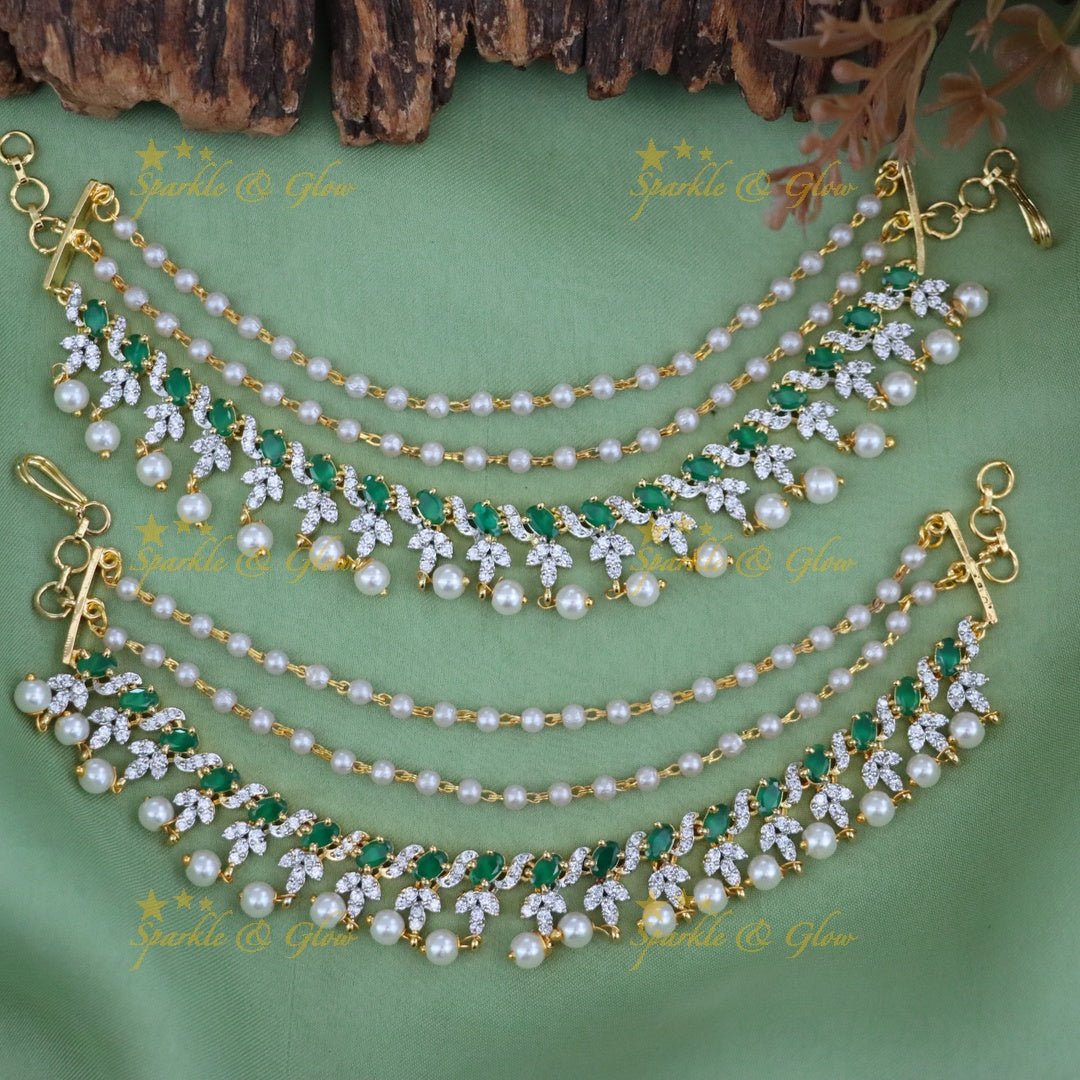 Exquisite American Diamond & Pearl Earchains for Weddings
