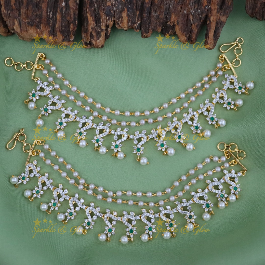 Elegant Pearl and Diamond Earchain Jewelry