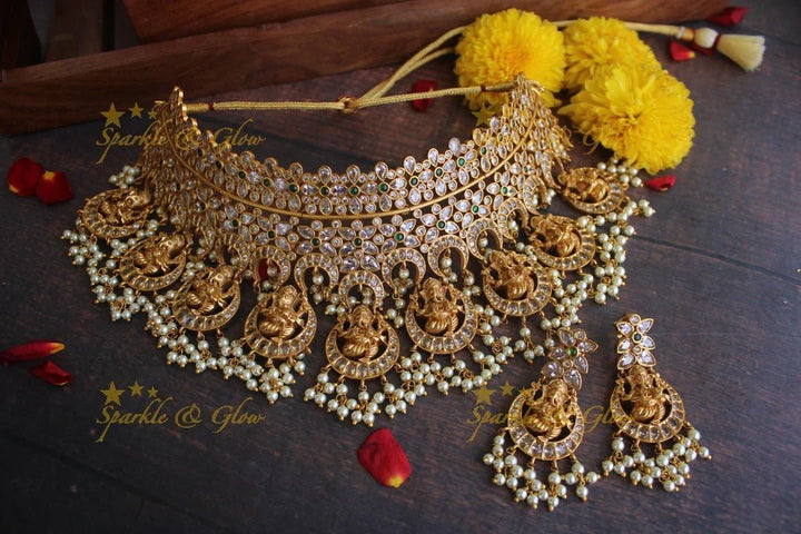 Premium matte Ganesha gutta pusalu bridal gutta pusalu choker - White - Sparkle and Glow