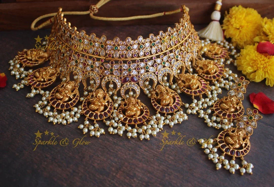 Premium matte Ganesha gutta pusalu bridal gutta pusalu choker - White - Sparkle and Glow