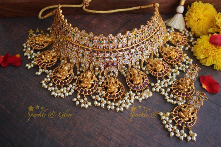 Premium matte Ganesha gutta pusalu bridal gutta pusalu choker - White - Sparkle and Glow