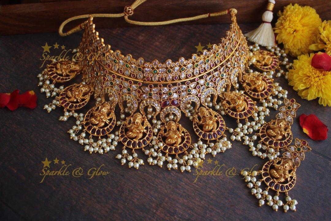 Premium matte Ganesha gutta pusalu bridal gutta pusalu choker - White - Sparkle and Glow