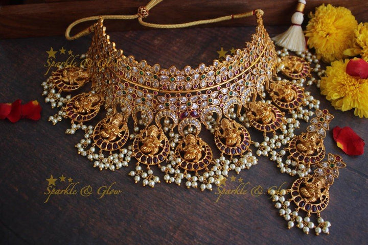 Premium matte Ganesha gutta pusalu bridal gutta pusalu choker - White - Sparkle and Glow