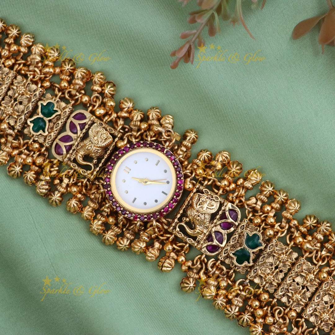 Stunning Gold-Plated Elephant Bridal Watch Bracelet