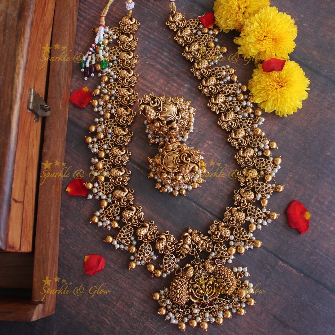 Premium matte intricate peacock carved long gutta pusalu necklace - Sparkle and Glow - Back Thread - 