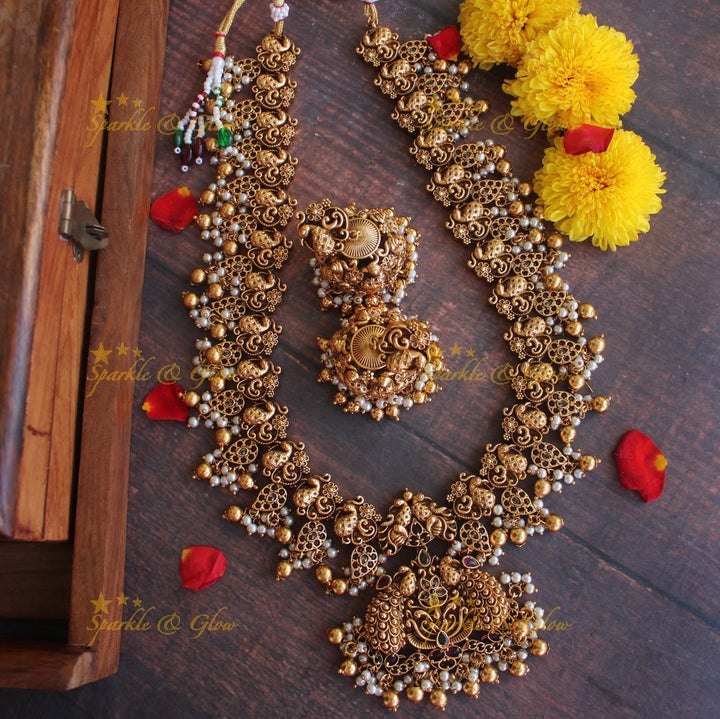 Premium matte intricate peacock carved long gutta pusalu necklace - Sparkle and Glow - Back Thread - 