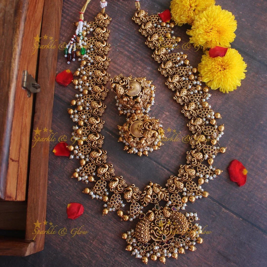Premium matte intricate peacock carved long gutta pusalu necklace - Sparkle and Glow