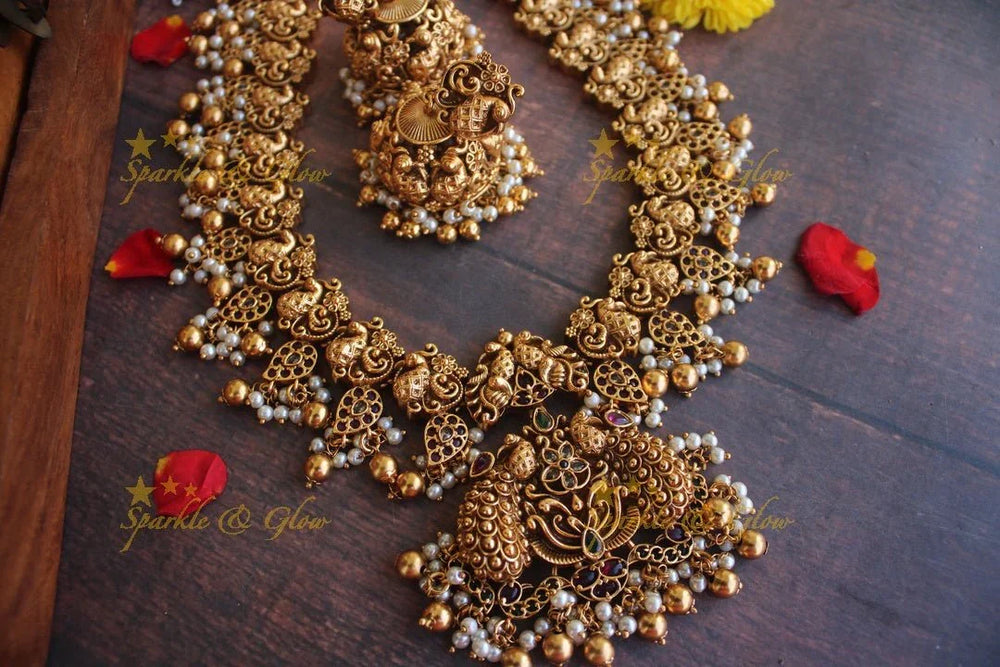 Premium matte intricate peacock carved long gutta pusalu necklace - Sparkle and Glow