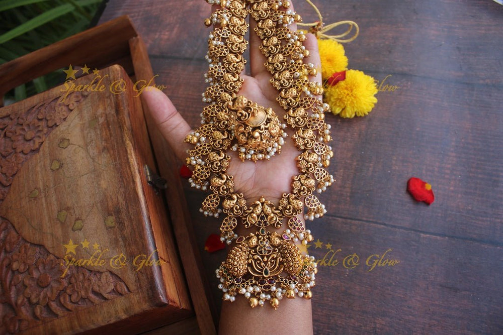 Premium matte intricate peacock carved long gutta pusalu necklace - Sparkle and Glow - Back Thread - 