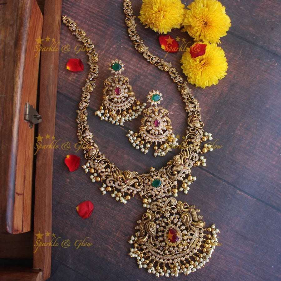 Gold alike Exquisite antique polish cz stone peacock haram - Sparkle and Glow