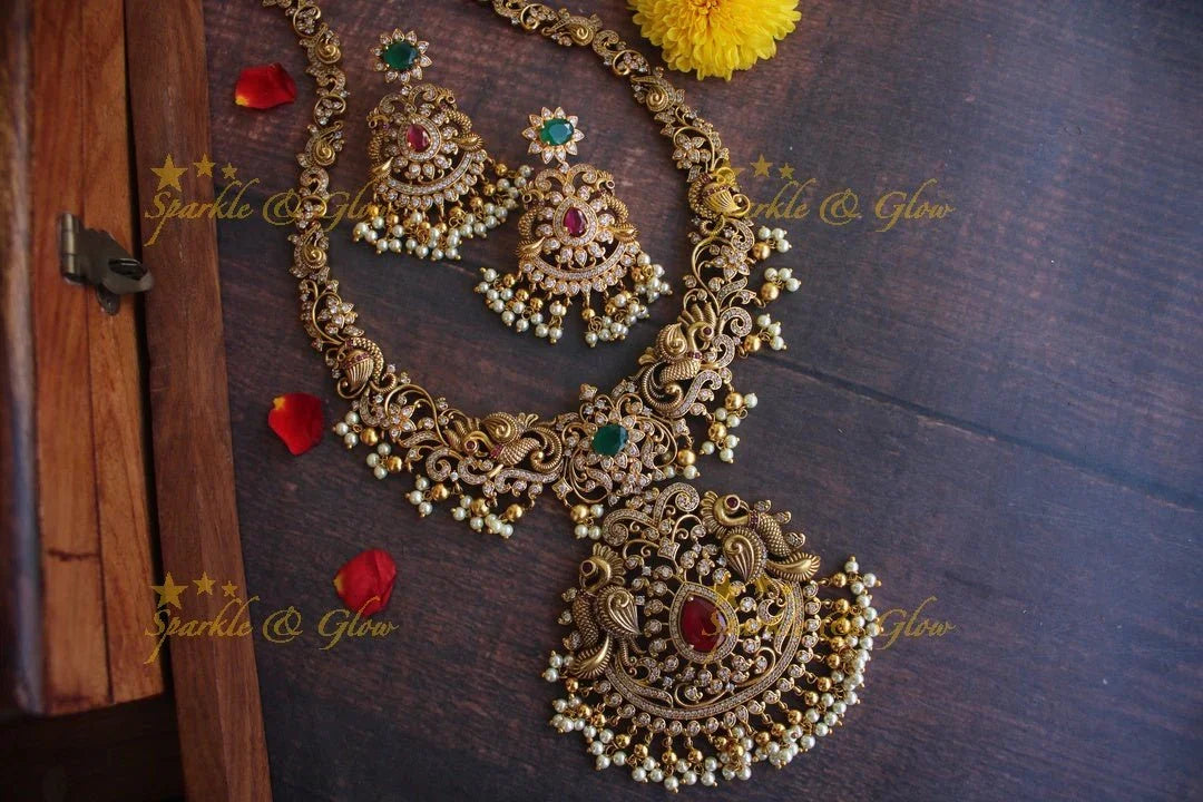 Gold alike Exquisite antique polish cz stone peacock haram - Sparkle and Glow