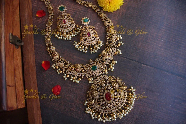 Gold alike Exquisite antique polish cz stone peacock haram - Sparkle and Glow