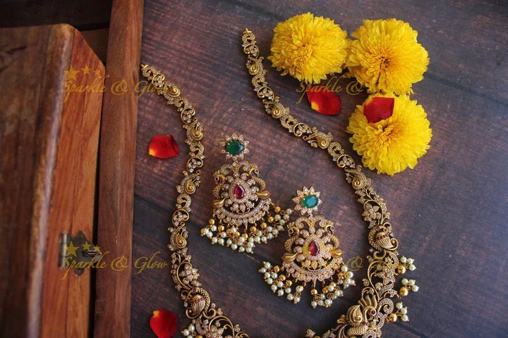 Gold alike Exquisite antique polish cz stone peacock haram - Sparkle and Glow