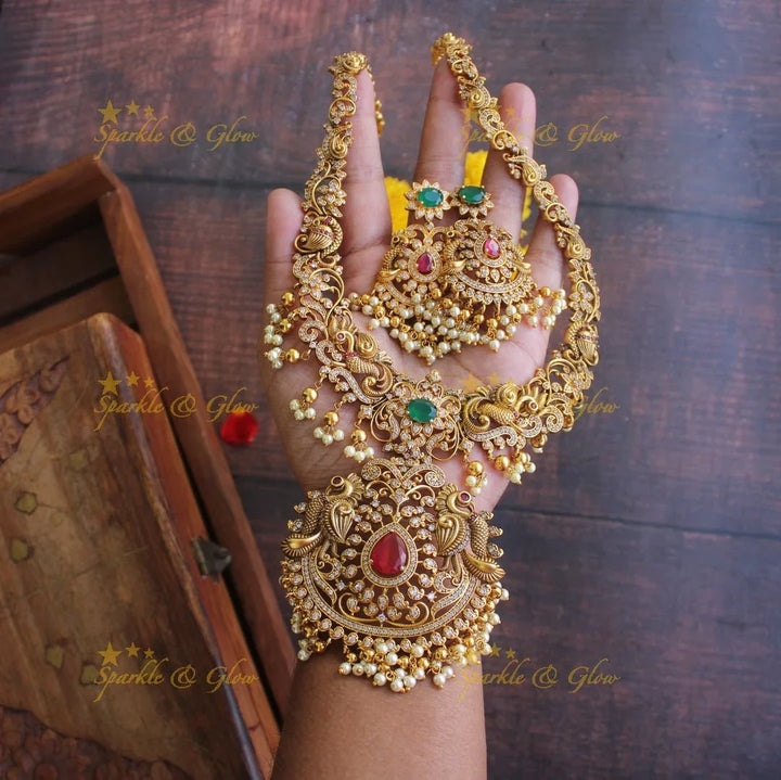 Gold alike Exquisite antique polish cz stone peacock haram - Sparkle and Glow