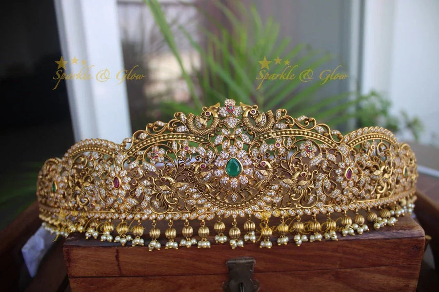 Gold alike antique polished cz stone intricate peacock hipbelt - Sparkle and Glow