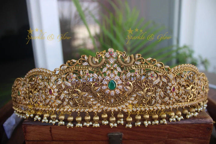 Gold alike antique polished cz stone intricate peacock hipbelt - Sparkle and Glow