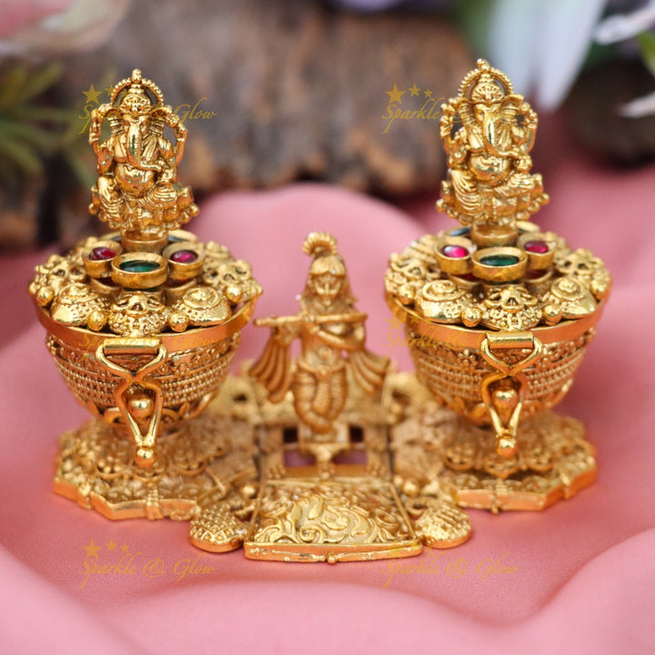 Exquisite Gold Idol Ganesha & Krishna Kumkum Box