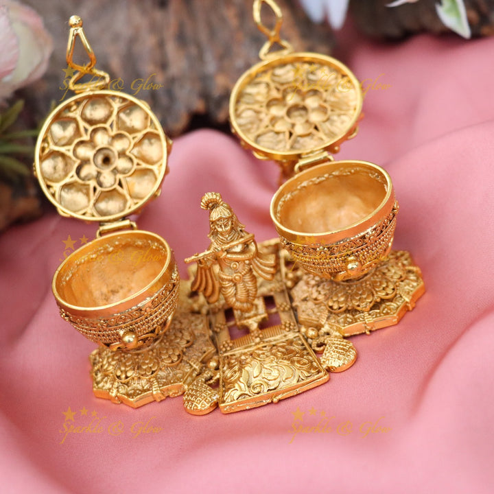 Exquisite Gold Idol Ganesha & Krishna Kumkum Box