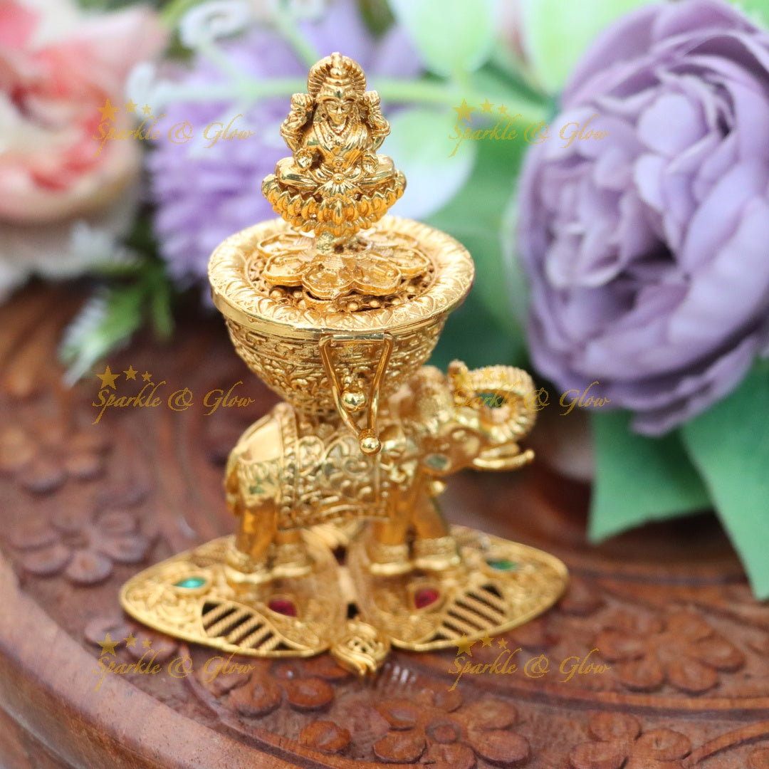 Exquisite Gold Lakshmi Elephant Kumkum Box – Sparkle & Glow