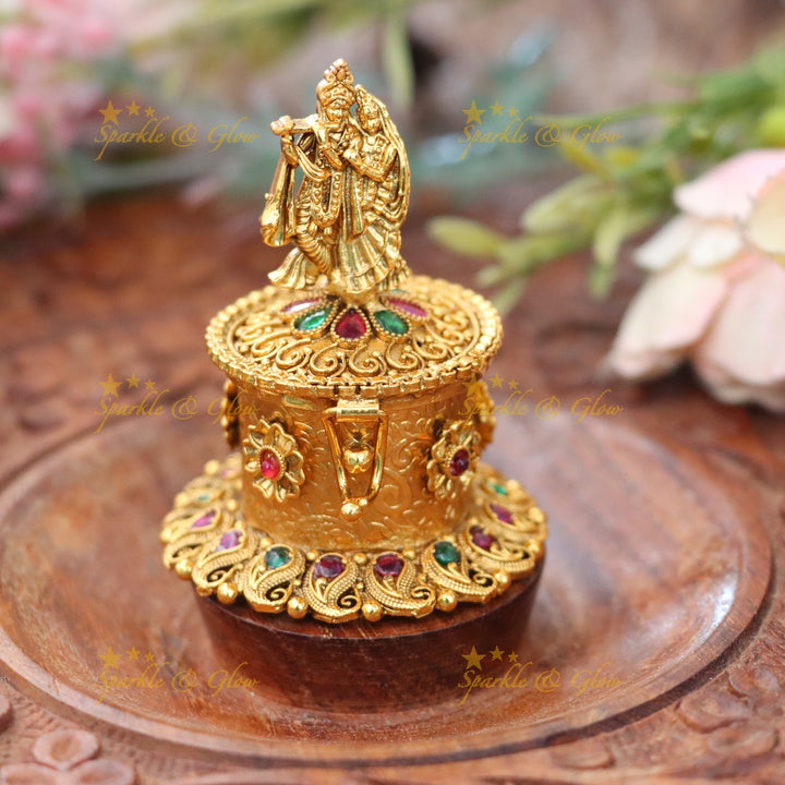 Elegant Radhakrishna Gold Kumkum Box for Temples