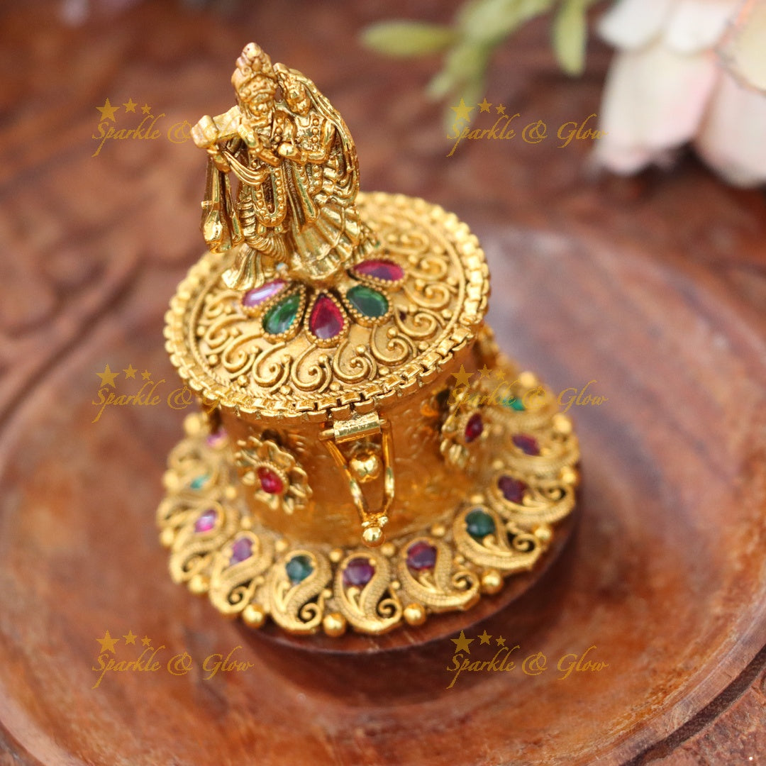 Elegant Radhakrishna Gold Kumkum Box for Temples
