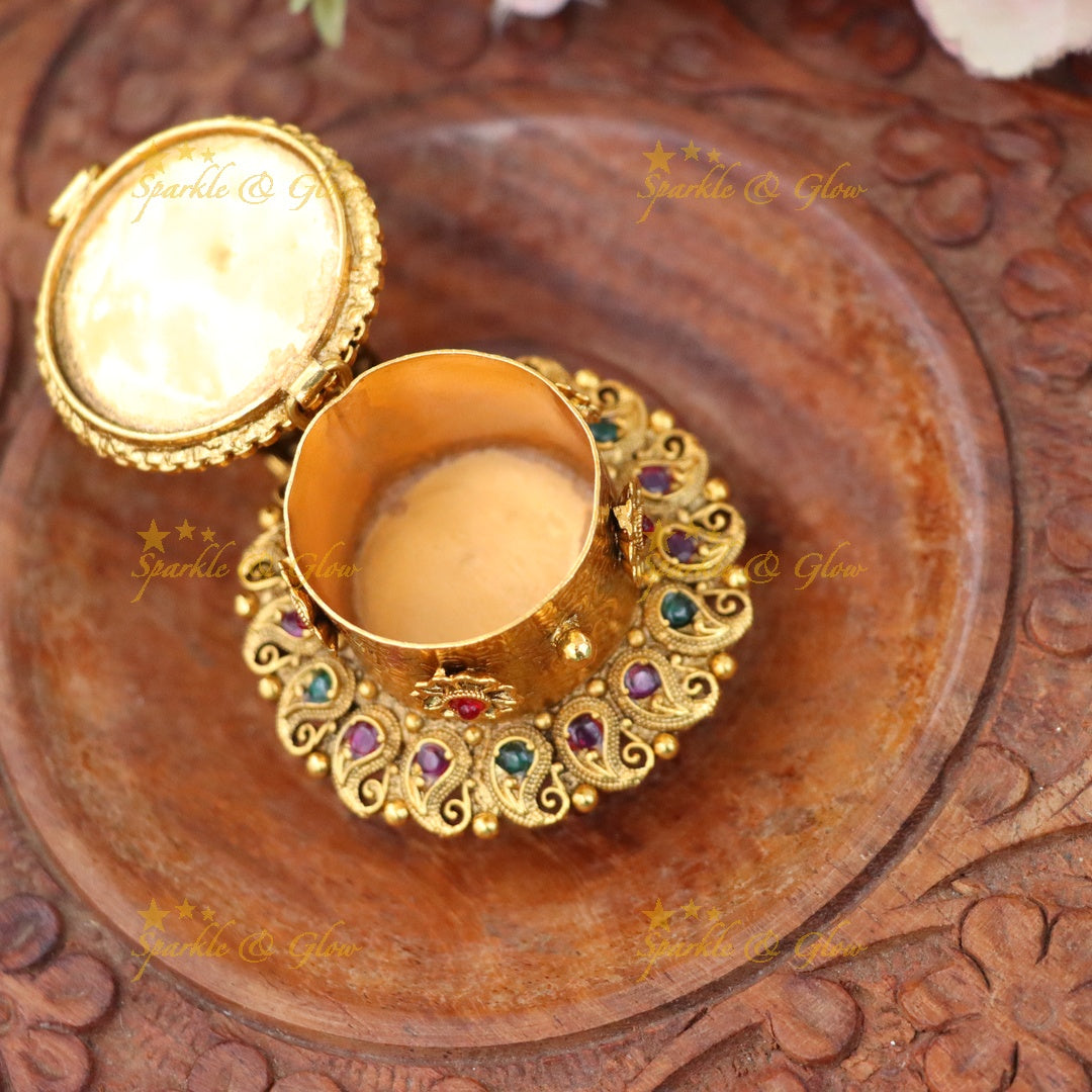 Elegant Radhakrishna Gold Kumkum Box for Temples
