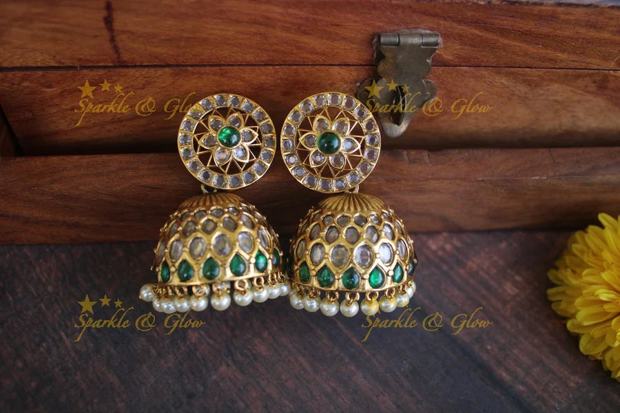 Real kemp stones gold alike jhumukas - Green White - Sparkle and Glow