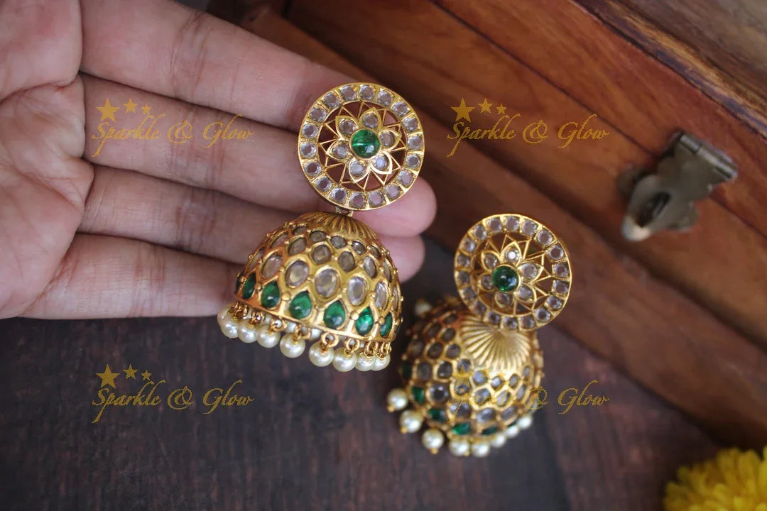 Real kemp stones gold alike jhumukas - Green White - Sparkle and Glow