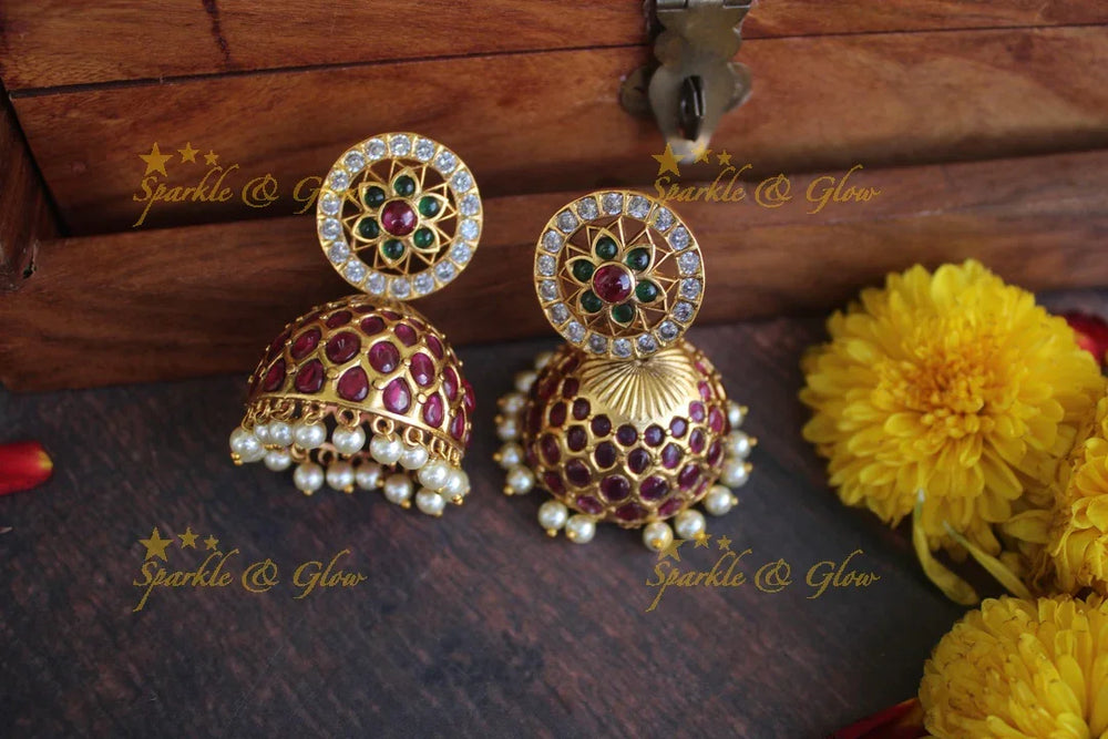 Real kemp stones gold alike jhumukas - Green White - Sparkle and Glow