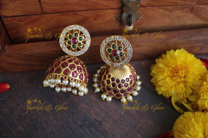 Real kemp stones gold alike jhumukas - Green White - Sparkle and Glow
