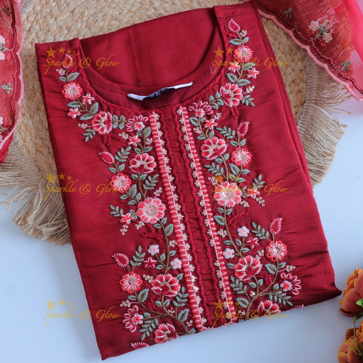 Beautiful Modal Silk Kurti pant with Organza Dupatta set- Marron