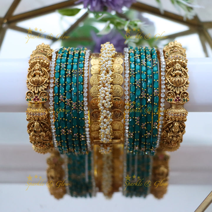 Exquisite Lakshmi Coin Bangle Set with Pink Gems