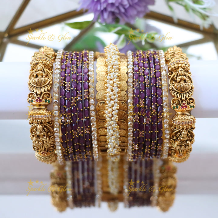 Exquisite Lakshmi Coin Bangle Set with Pink Gems