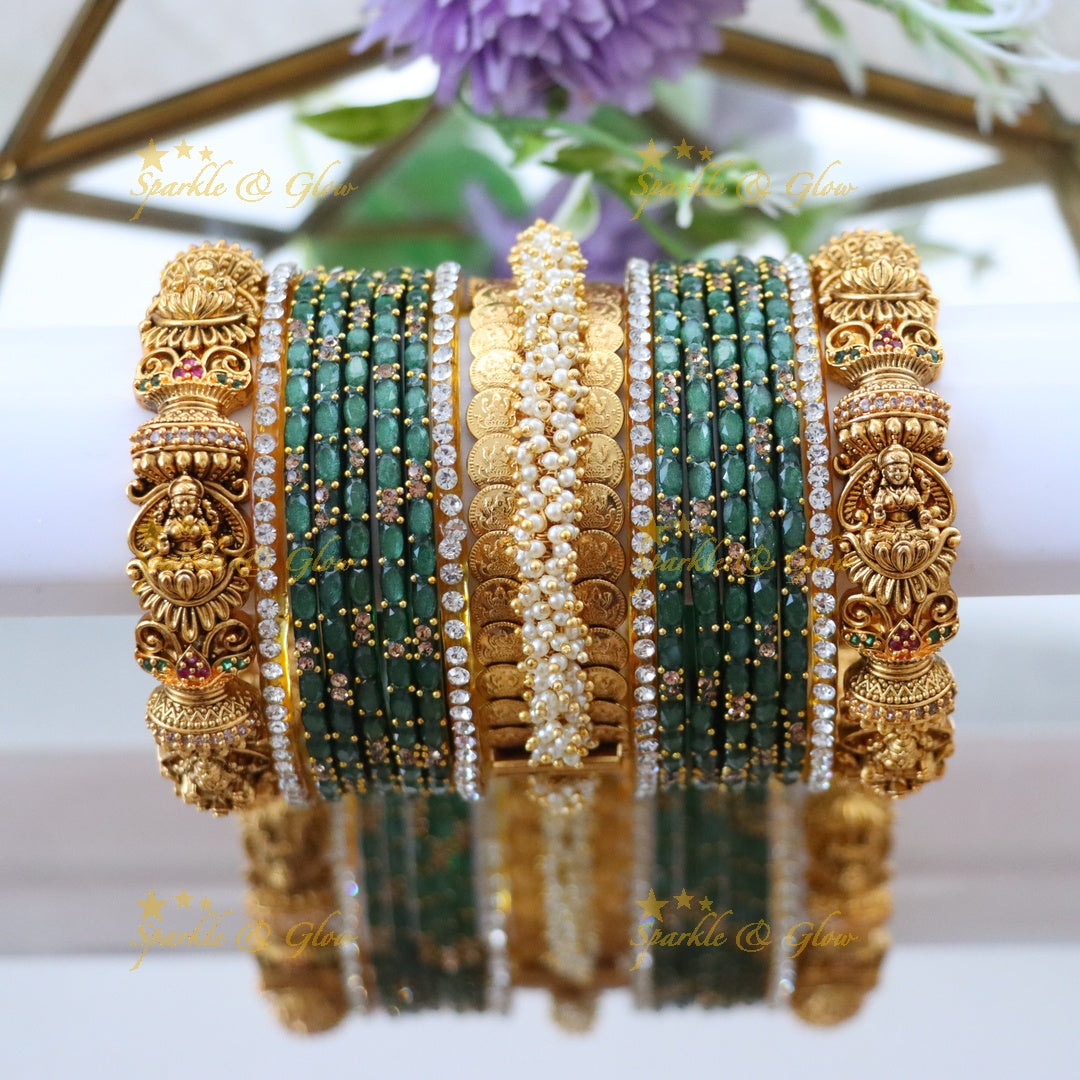 Exquisite Lakshmi Coin Bangle Set with Pink Gems