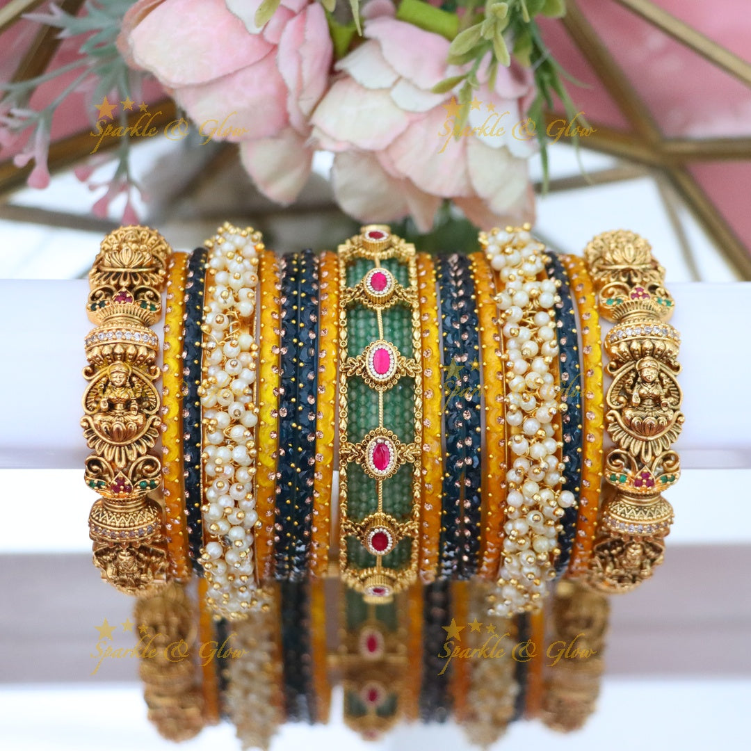 Exquisite Lakshmi Bridal Bangle Set - Mint Green & Gold