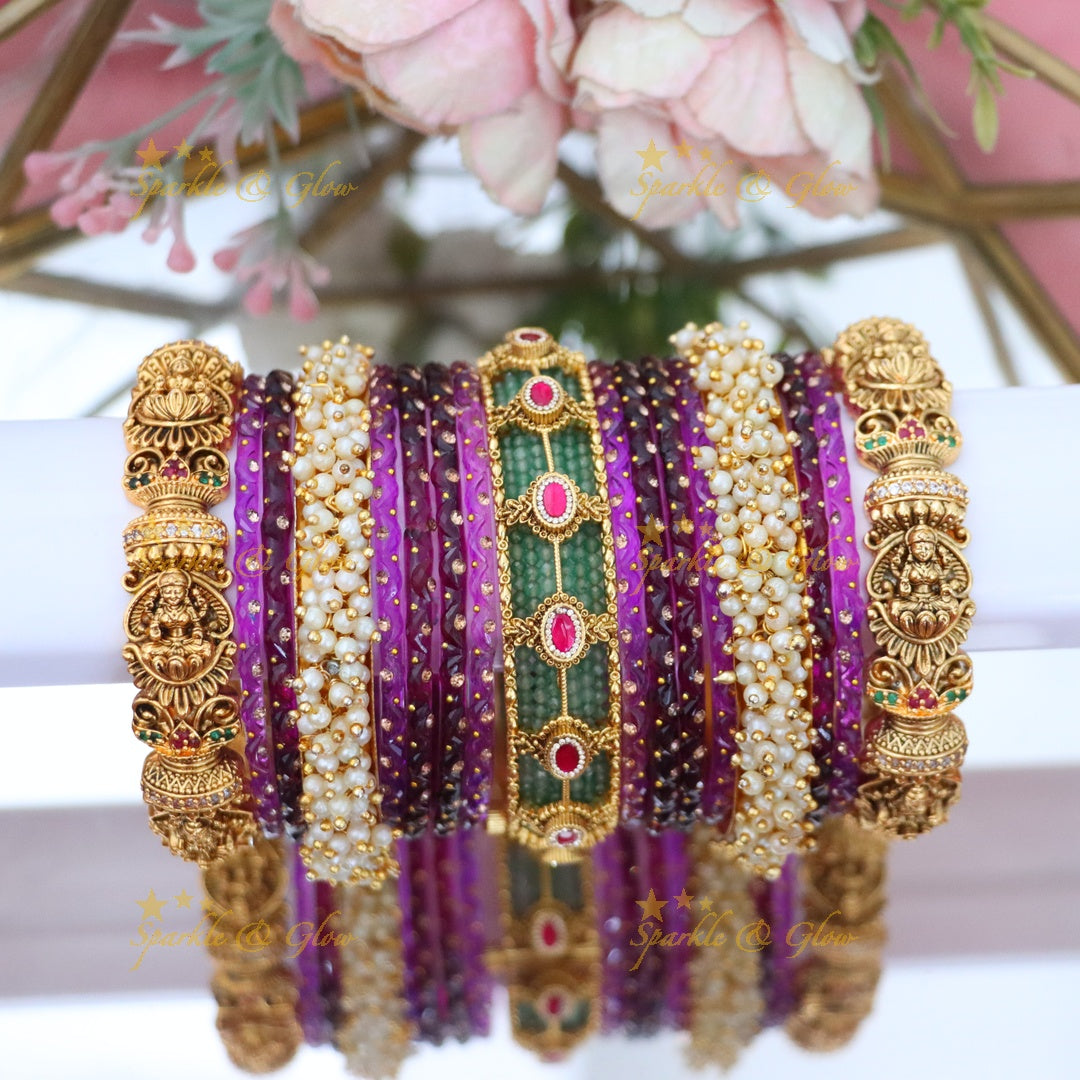 Exquisite Lakshmi Bridal Bangle Set - Mint Green & Gold