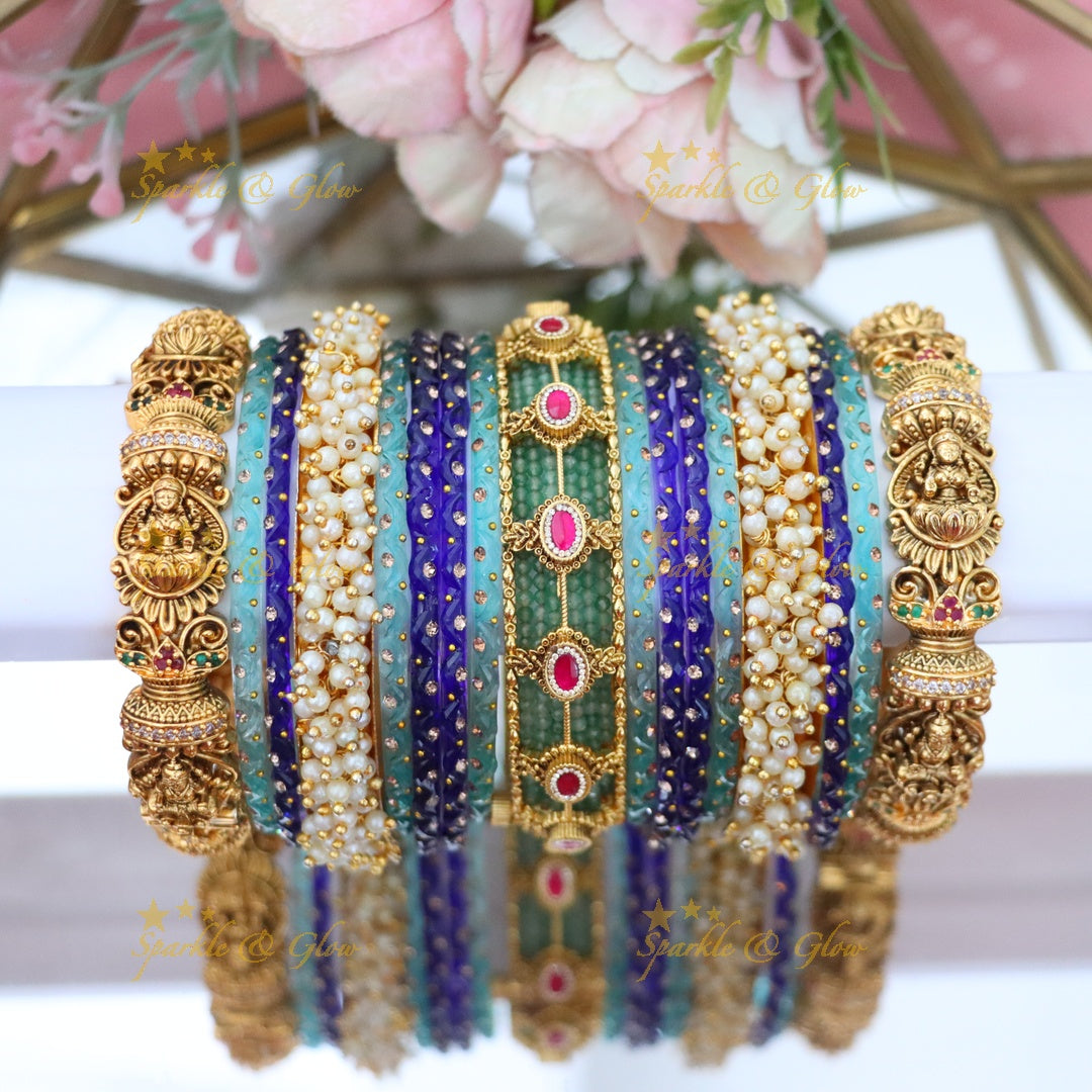 Exquisite Lakshmi Bridal Bangle Set - Mint Green & Gold