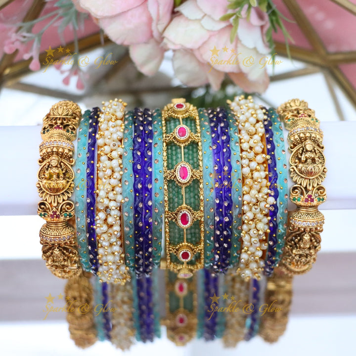 Exquisite Lakshmi Bridal Bangle Set - Mint Green & Gold