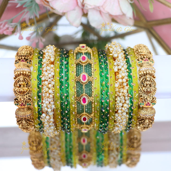 Exquisite Lakshmi Bridal Bangle Set - Mint Green & Gold