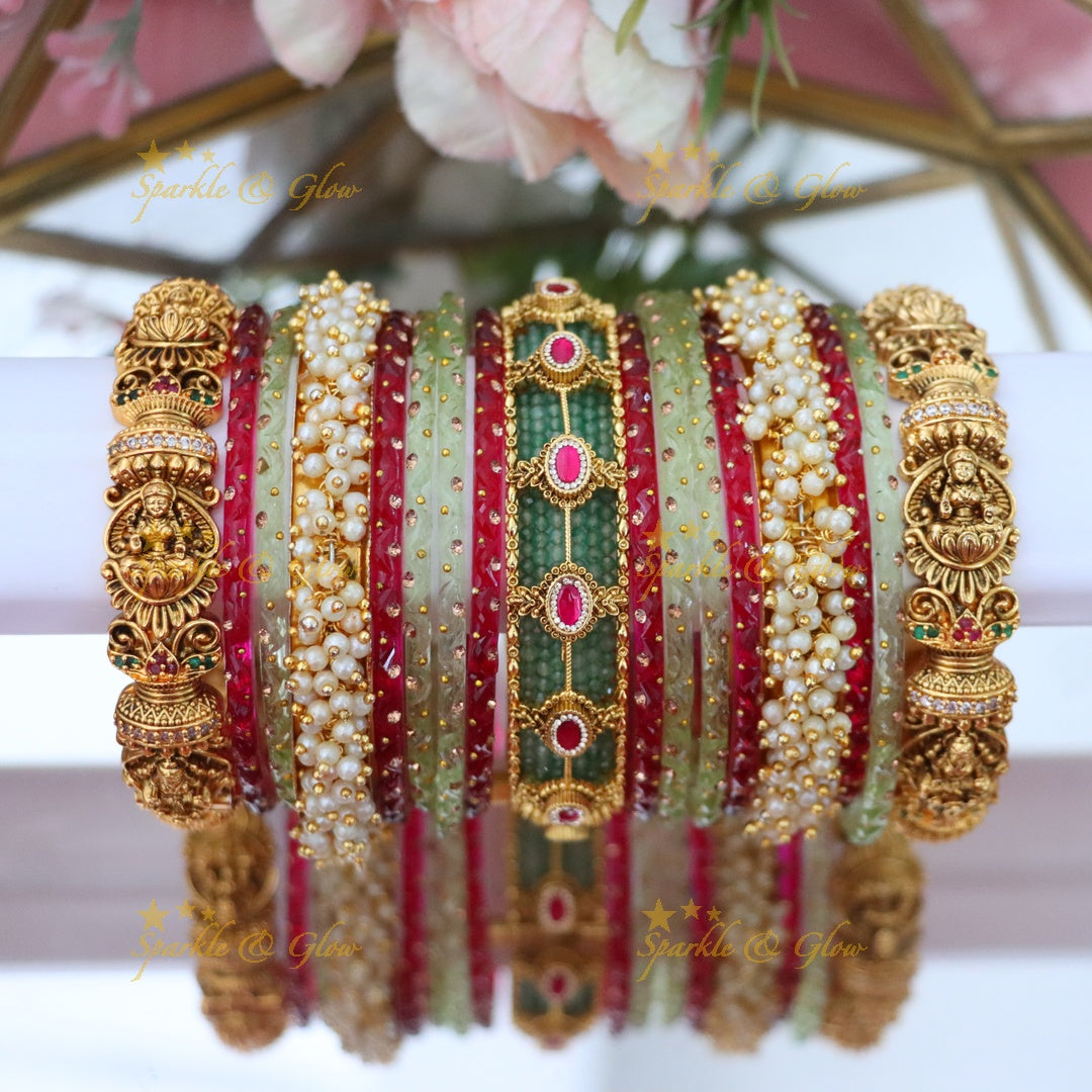 Exquisite Lakshmi Bridal Bangle Set - Mint Green & Gold