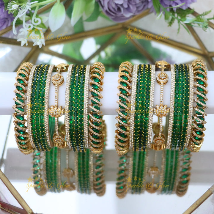 Exquisite Bridal Bangles with American Diamonds & Green Beads