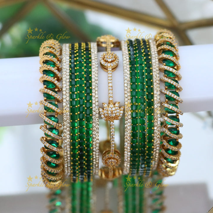 Exquisite Bridal Bangles with American Diamonds & Green Beads