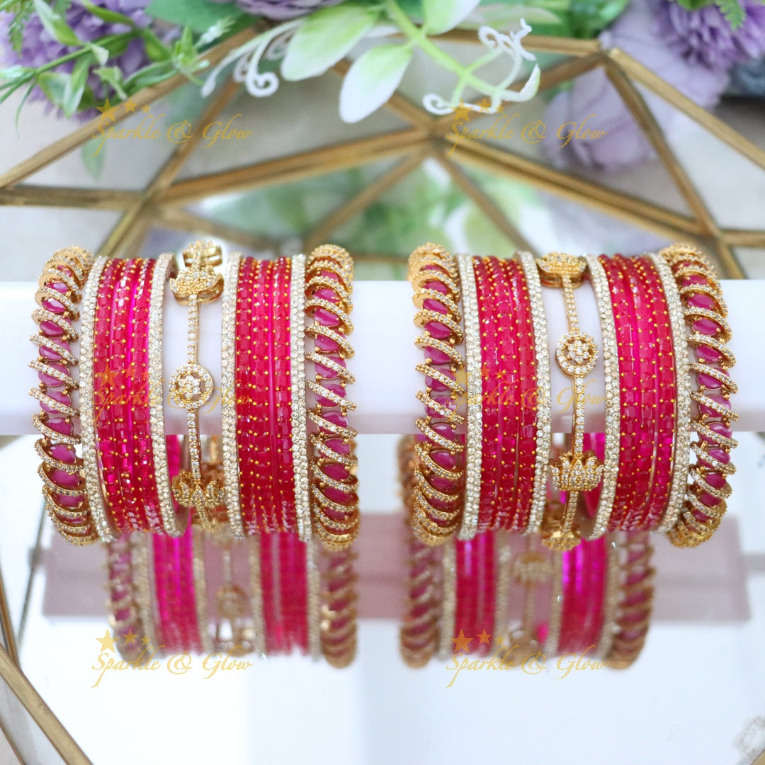 Exquisite Bridal Bangles with American Diamonds & Green Beads