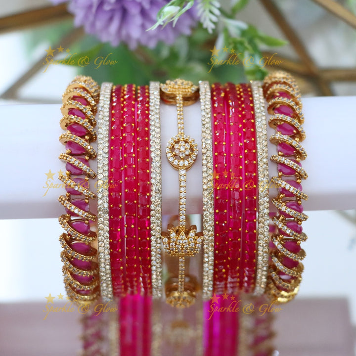 Exquisite Bridal Bangles with American Diamonds & Green Beads