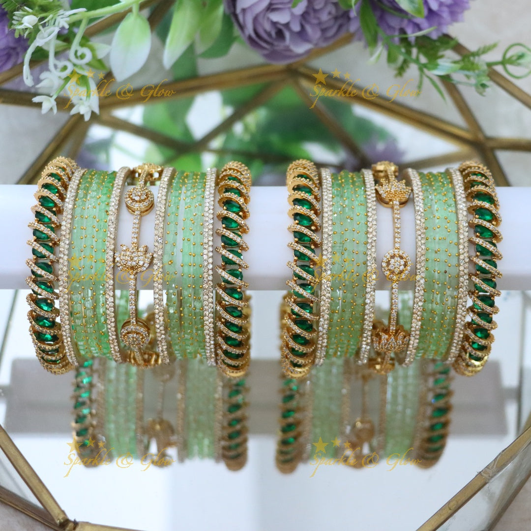 Exquisite Bridal Bangles with American Diamonds & Green Beads