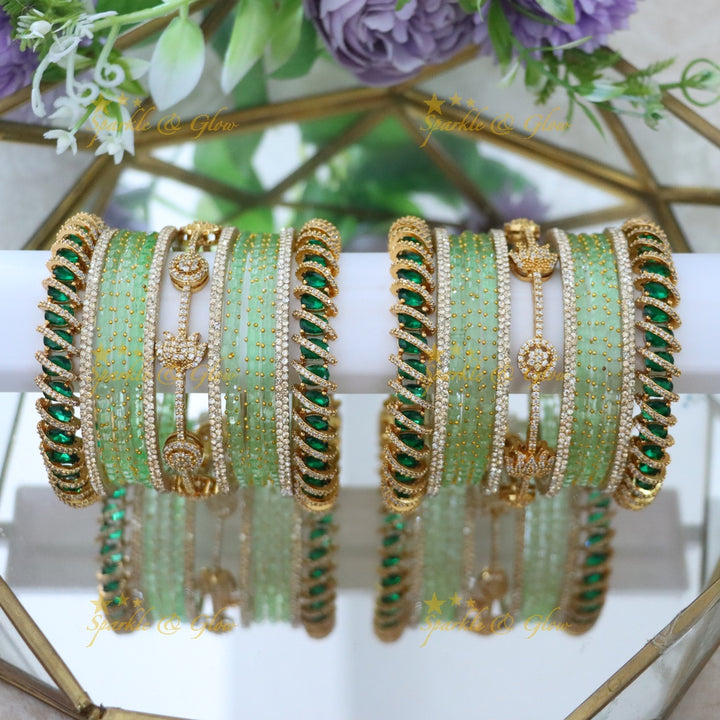 Exquisite Bridal Bangles with American Diamonds & Green Beads